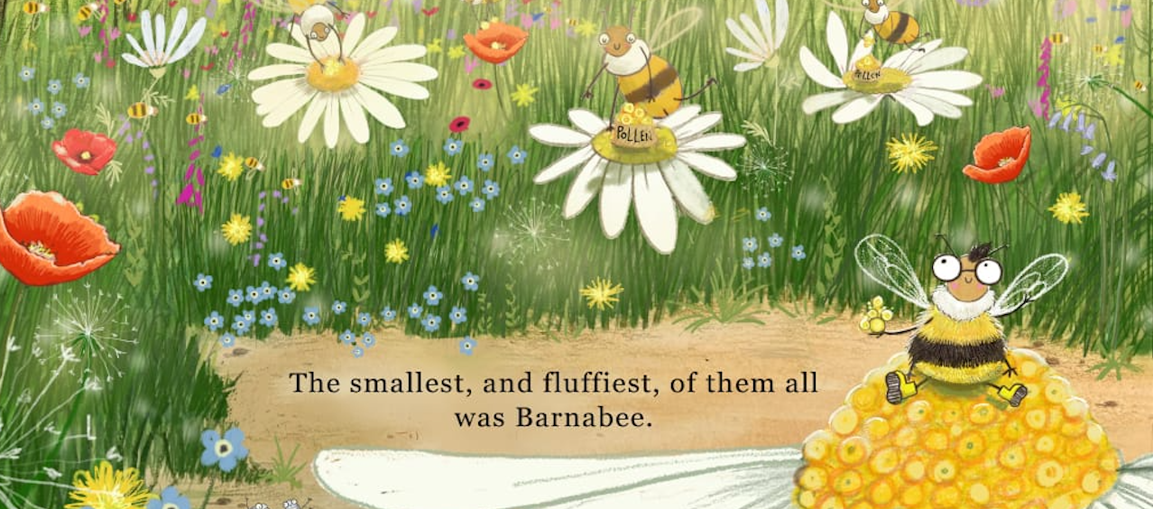 A whimsical illustrated children's book page showing a grassy wildflower meadow with bees, including a large honeybee labeled Barnabee on the right and a quote in the center.